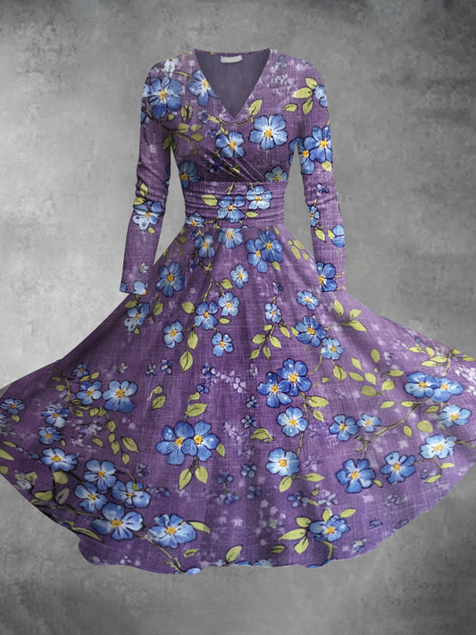 Women's Purple Forget Me Not Print Long Sleeve Dress