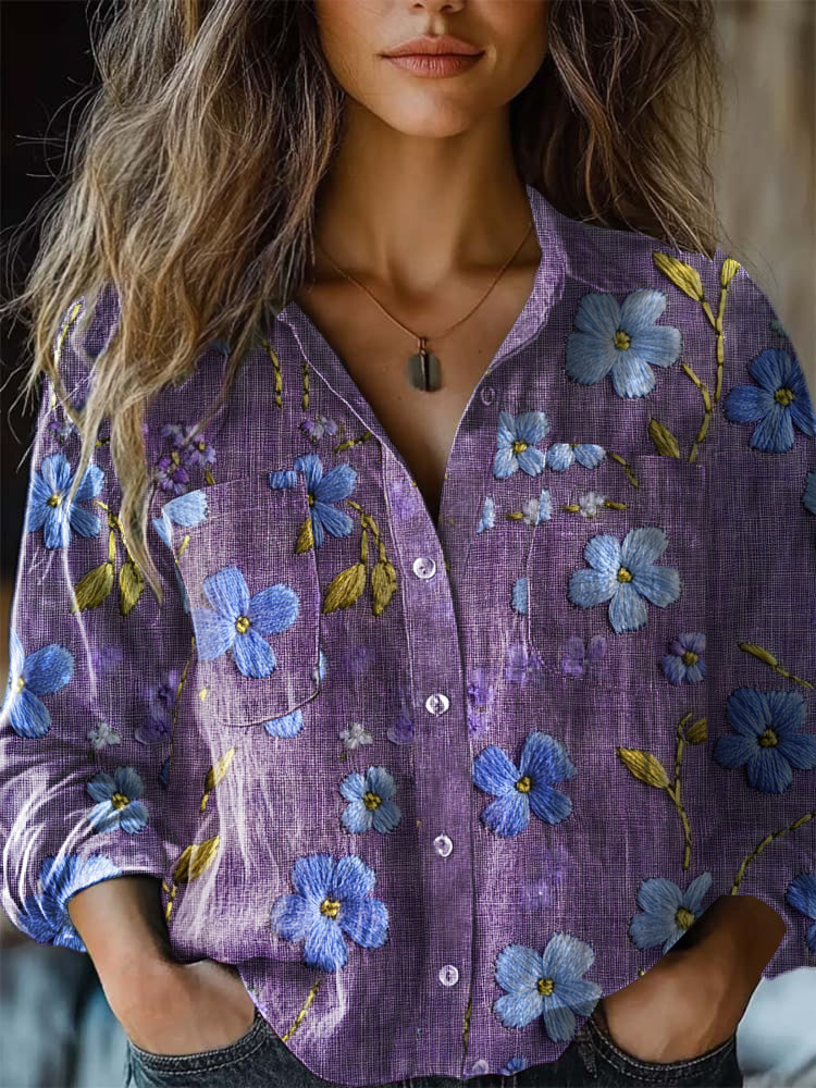 Women's Purple Forget Me Not Print Long Sleeve Shirt