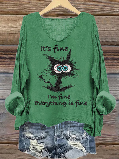 Women's It's Fine I'm Fine Everything is Fine Mental Health Awareness Printed Cotton Linen V-Neck Long Sleeve Shirt