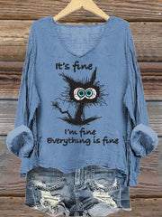 Women's It's Fine I'm Fine Everything is Fine Mental Health Awareness Printed Cotton Linen V-Neck Long Sleeve Shirt