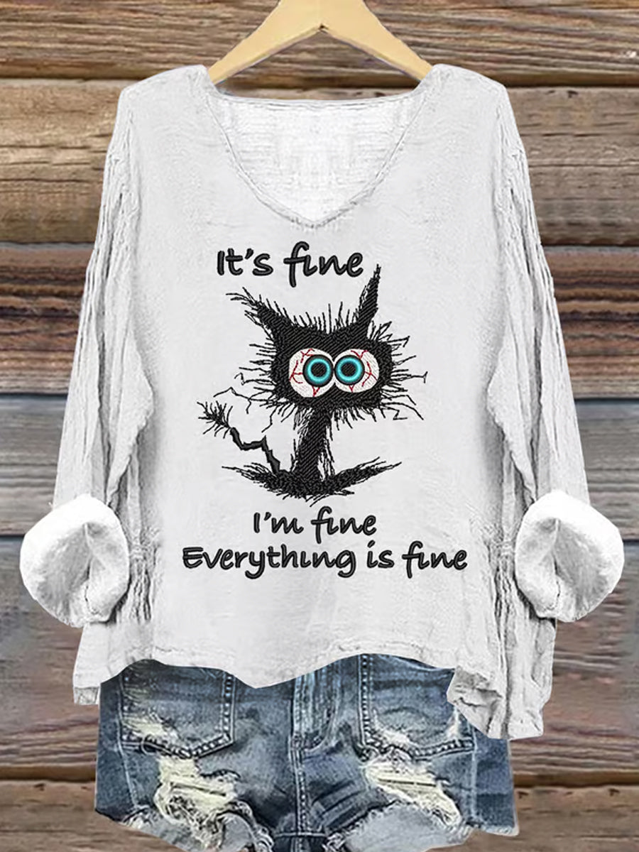 Women's It's Fine I'm Fine Everything is Fine Mental Health Awareness Printed Cotton Linen V-Neck Long Sleeve Shirt