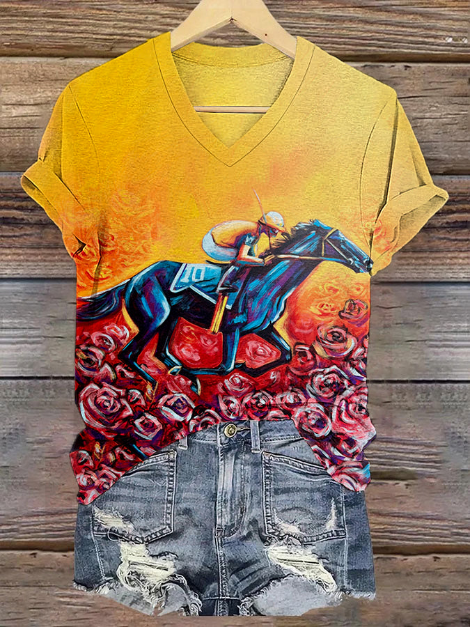 Women's Derby Horse Rose Oil Painting Print T-shirt