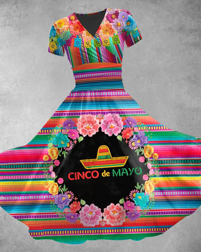 Women's Cinco De Mayo Printed Vintage Casual Short Sleeve Loose Maxi Dress