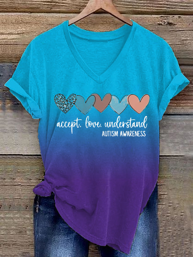 Women's Accept. Love Understand Autism Awareness Printed V-Neck Short Sleeve T-Shirt