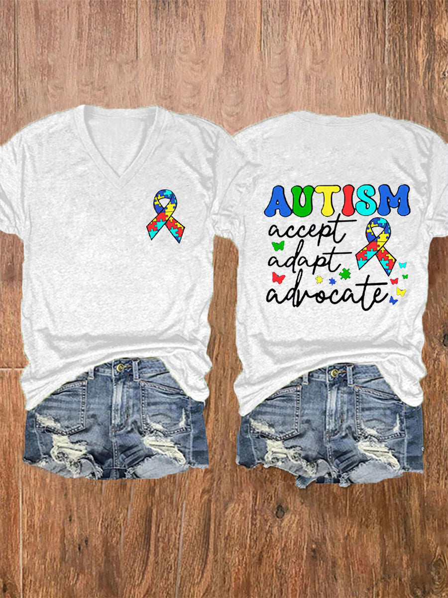 Women's Accept. Love Understand Autism Awareness Printed V-Neck Short Sleeve T-Shirt