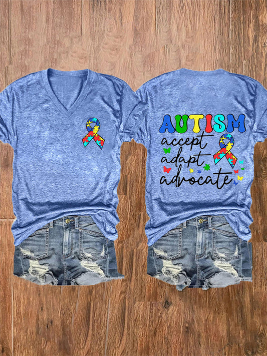 Women's Accept. Love Understand Autism Awareness Printed V-Neck Short Sleeve T-Shirt