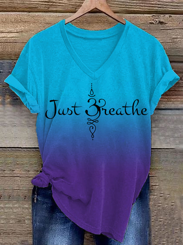 Women's Just Breathe Mental Health Matter Gradient Print V-Neck Tee