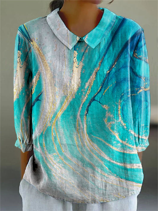 Women's Abstract Pattern Art Print Casual Cotton And Linen 3/4 Sleeve Shirt