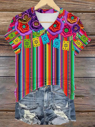 Women's Cinco De MayoPrinted V-Neck Short Sleeve Shirt