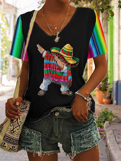 Women's Cinco De Mayo Printed V-Neck Short  Sleeve Shirt