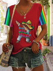 Women's Cinco De Mayo Printed V-Neck Short  Sleeve Shirt