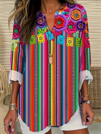 Women's Cinco De Mayo Printed Vintage Casual Cotton Linen Long Sleeve Shirt