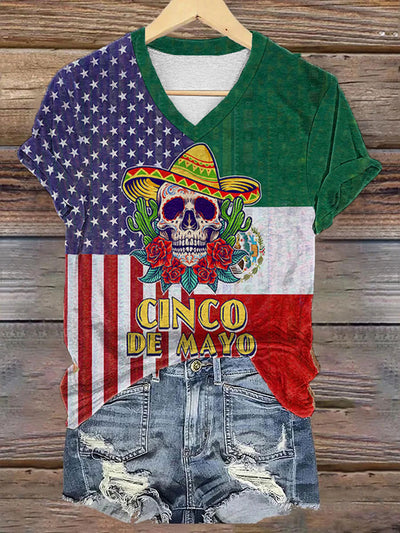 Women's Cinco De Mayo Printed V-neck Casual Short Sleeve T-Shirt