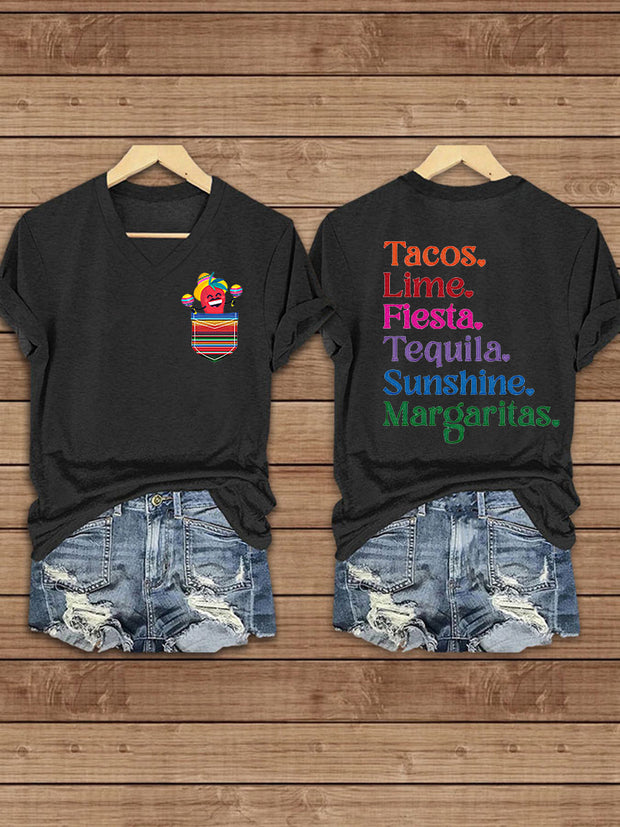 Women's Cinco De Mayo Printed V-Neck Short  Sleeve T-Shirt