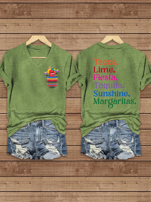 Women's Cinco De Mayo Printed V-Neck Short  Sleeve T-Shirt