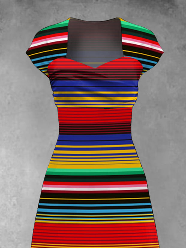 Women's Cinco De Mayo Mexican Traditional Stripes Print Dress