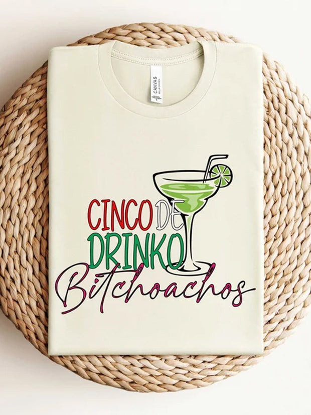 Women's Cinco De Drinko Bitchachos Printed V-Neck Short Sleeve T-Shirt