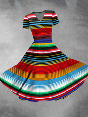 Women's Cinco De Mayo Mexican Traditional Stripes Print Dress