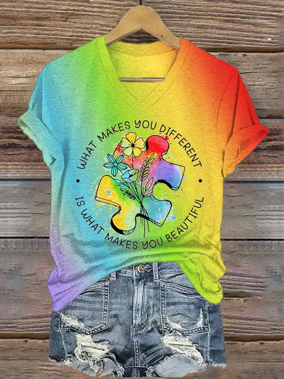 Women's Autism Awareness What Makes You Different What Makes You Beautiful Printed V-Neck Short Sleeve T-Shirt