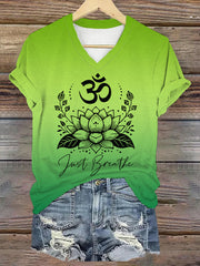 Women's Just Breathe Om Symbol Gradient Print V-Neck Tee