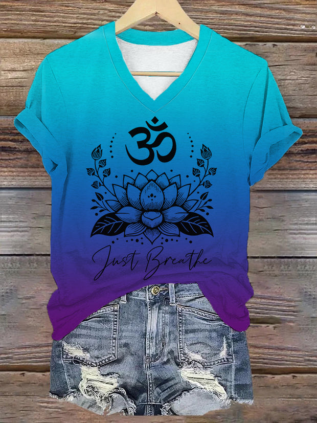 Women's Just Breathe Om Symbol Gradient Print V-Neck Tee