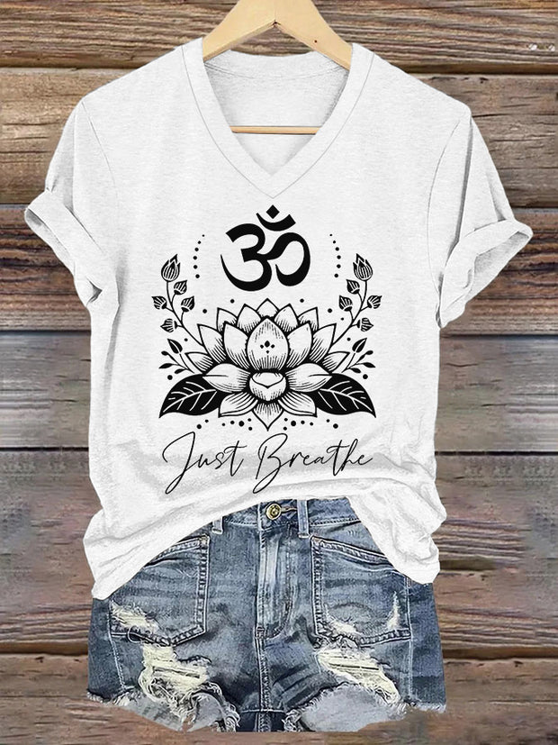 Women's Just Breathe Om Symbol Gradient Print V-Neck Tee