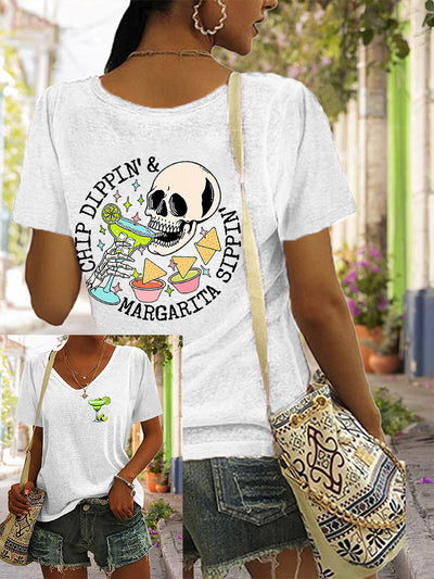 Women's Cinco De Mayo Chip Dippin' Margarita Sippin' Printed V-Neck Short Sleeve T-Shirt