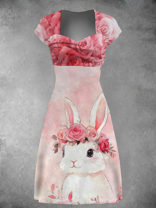 Women's Easter Rose Bunny Print Dress