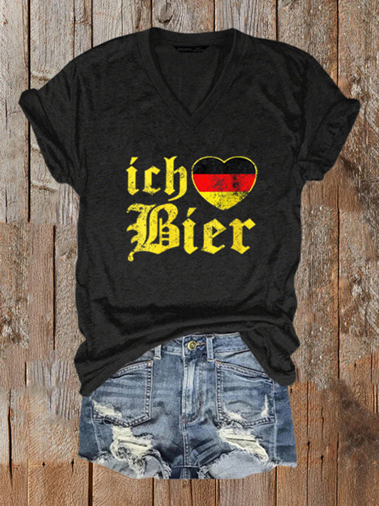 Women's Ich Bier Print V-Neck T-Shirt