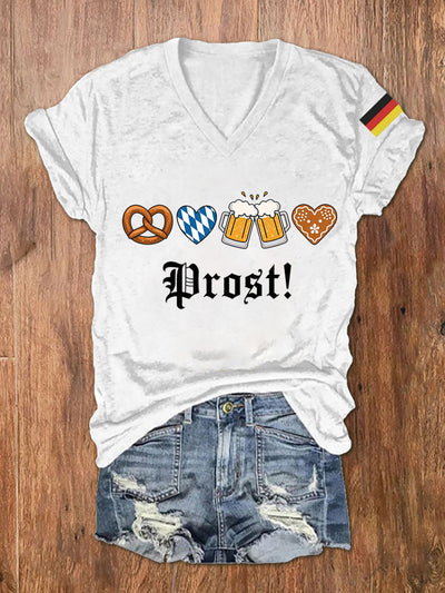 Women's German Beer Day Prost Print V-Neck Short Sleeve T-Shirt